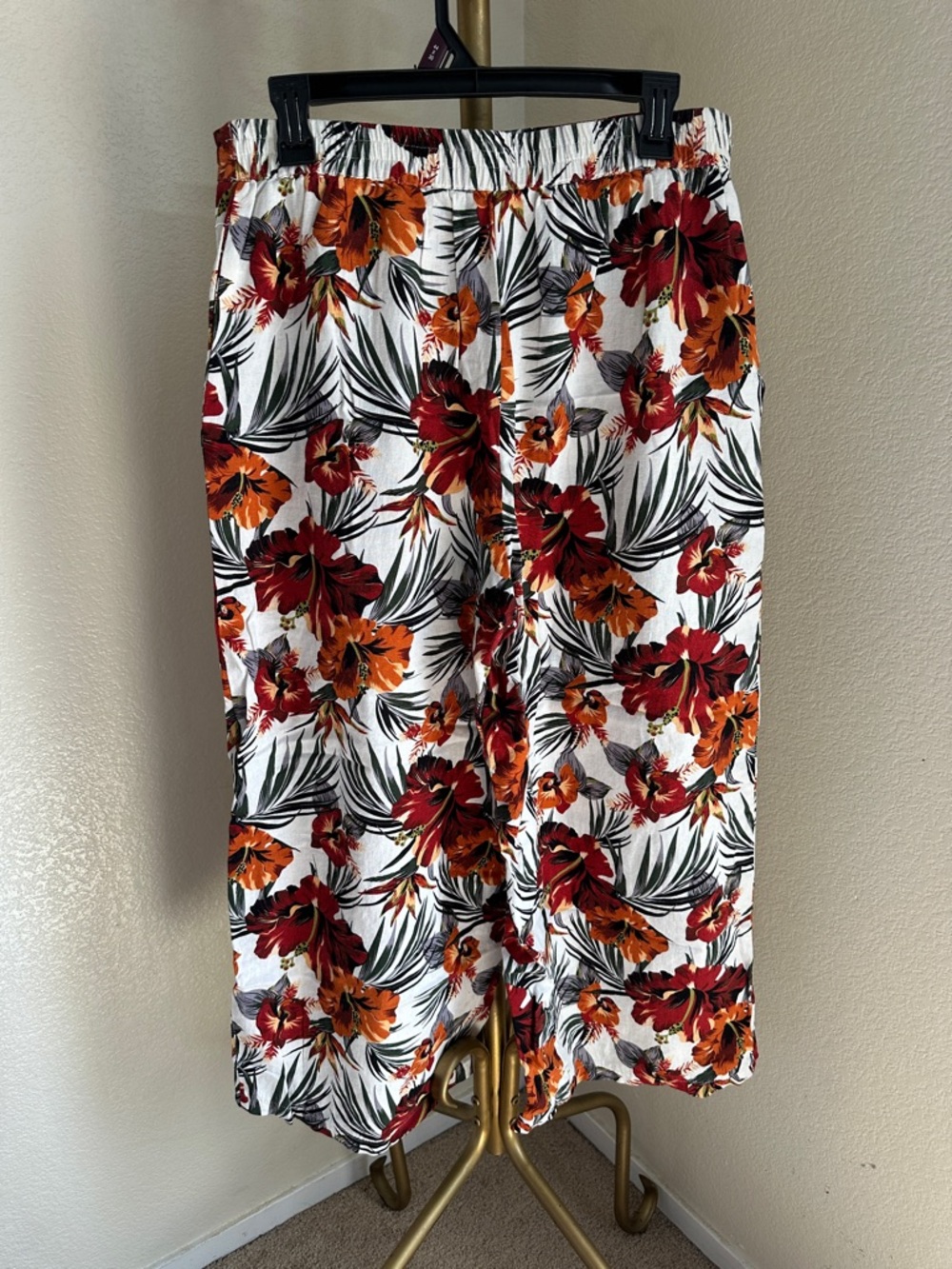 White Tropical Floral Wide-Leg Pants